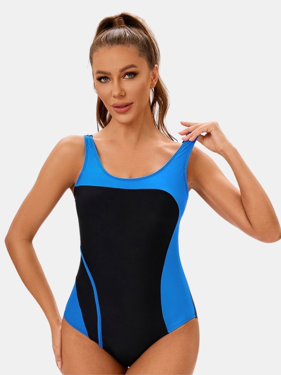 Colorblock Backless Athletic Women One-piece Sports Swimsuit