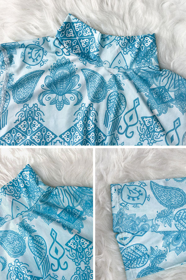 Plus Size Blue Tribal Print Long Sleeve UPF50+ Rash Guard