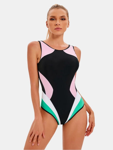 Colorblock Backless Women Athletic One-piece Sports Swimsuit