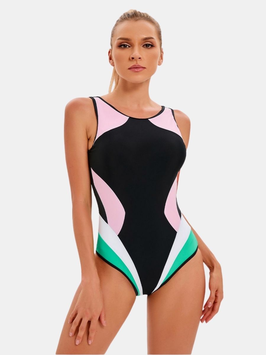 Colorblock Backless Women Athletic One-piece Sports Swimsuit