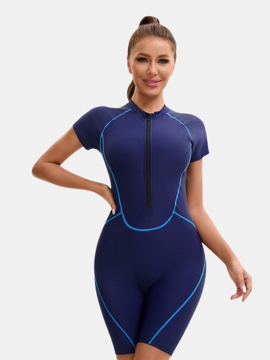 Front Zip Short Sleeve Boyleg Sufing Athletic Jumpsuit One-piece Women Sports Swimsuit