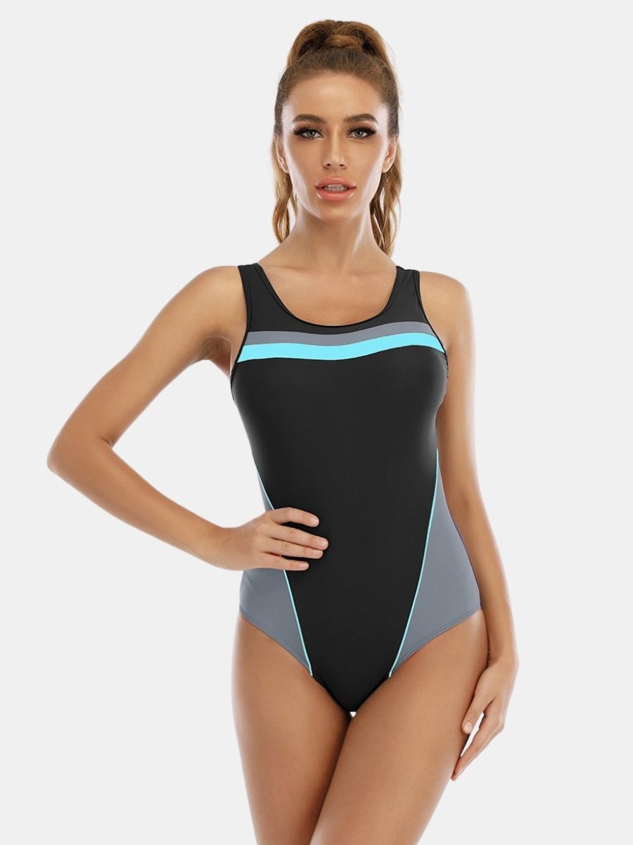 Wide Strap Colorblock Open Back Athletic Women One-piece Sports Swimsuit
