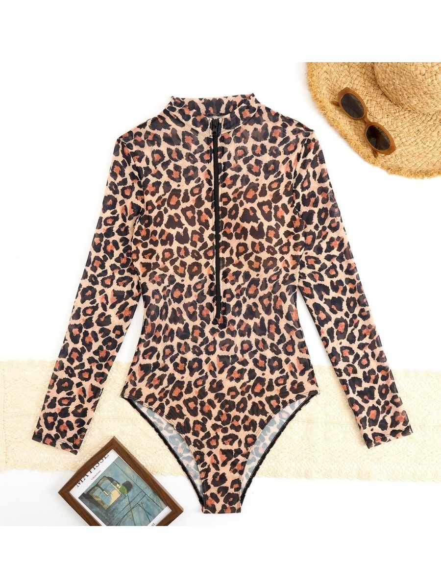 Leopard Print Front Zip Women Long Sleeve UPF50+ Rash Guard Swimsuit