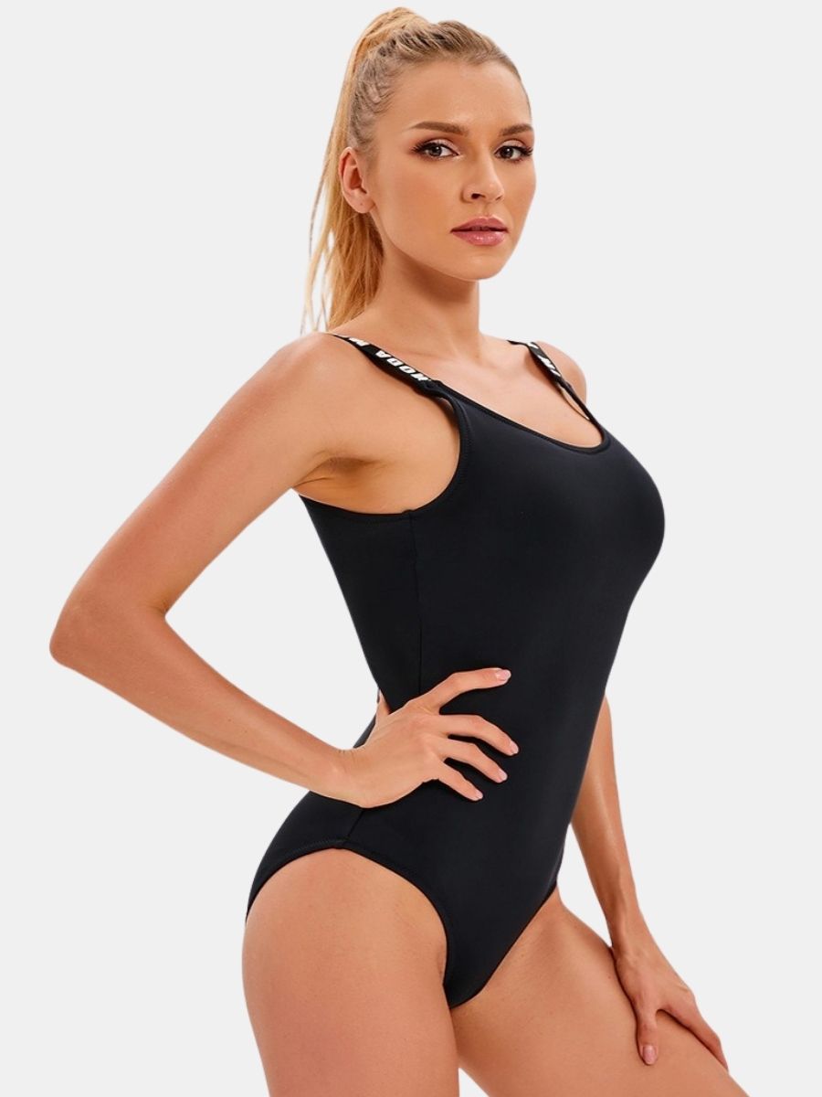 Low Black Wide Shoulder Athletic One-piece Women Sports Swimsuit