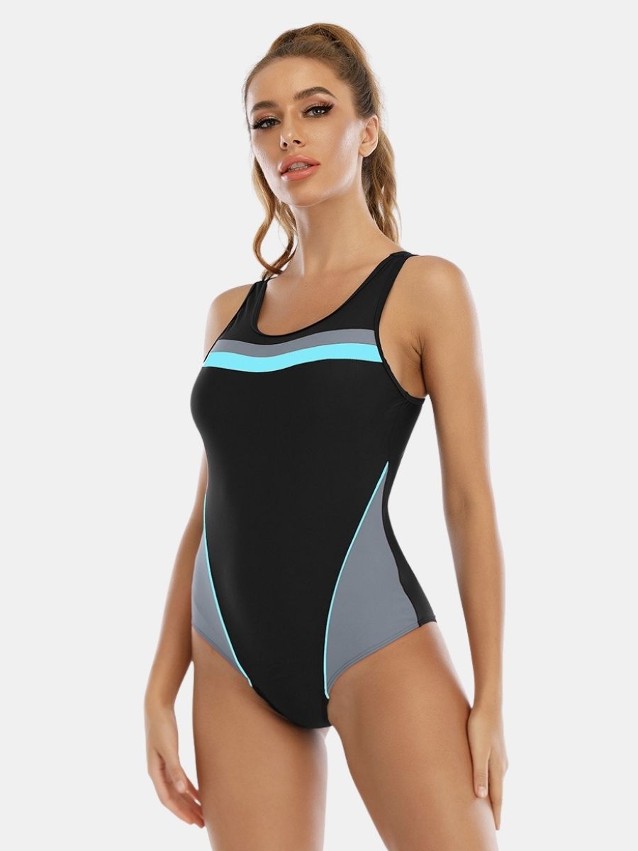 Wide Strap Colorblock Open Back Athletic Women One-piece Sports Swimsuit