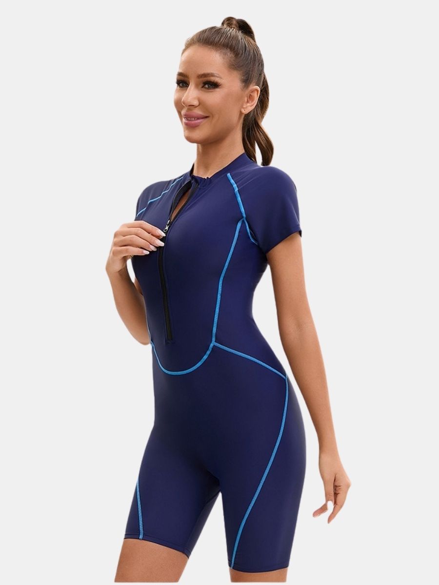 Front Zip Short Sleeve Boyleg Sufing Athletic Jumpsuit One-piece Women Sports Swimsuit