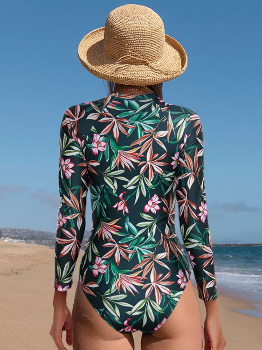 Green Print Long Sleeve Front Zip UPF50+ Rash Guard