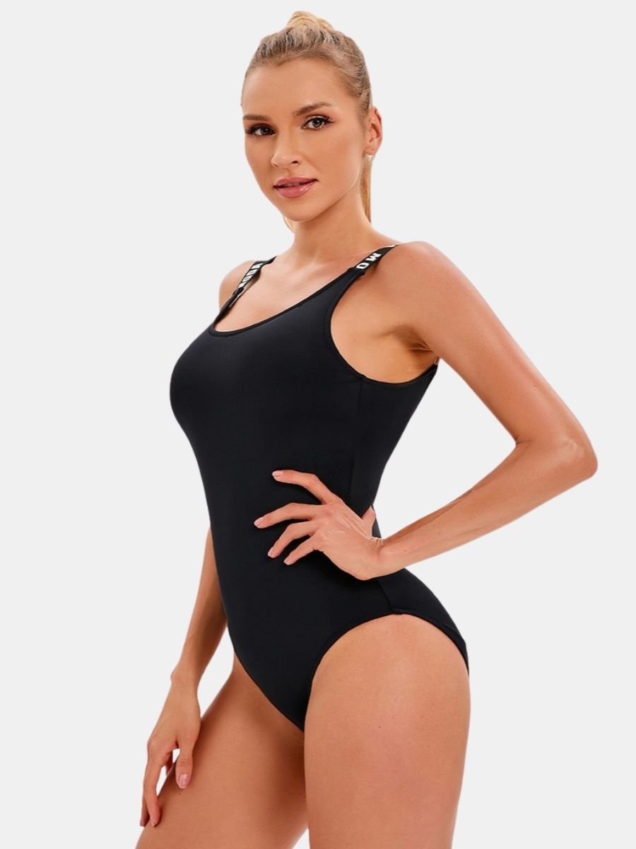 Low Black Wide Shoulder Athletic One-piece Women Sports Swimsuit