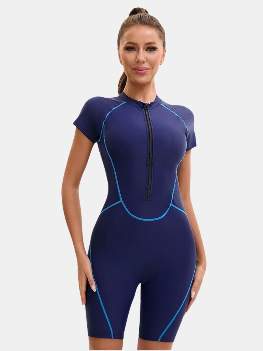 Front Zip Short Sleeve Boyleg Sufing Athletic Jumpsuit One-piece Women Sports Swimsuit