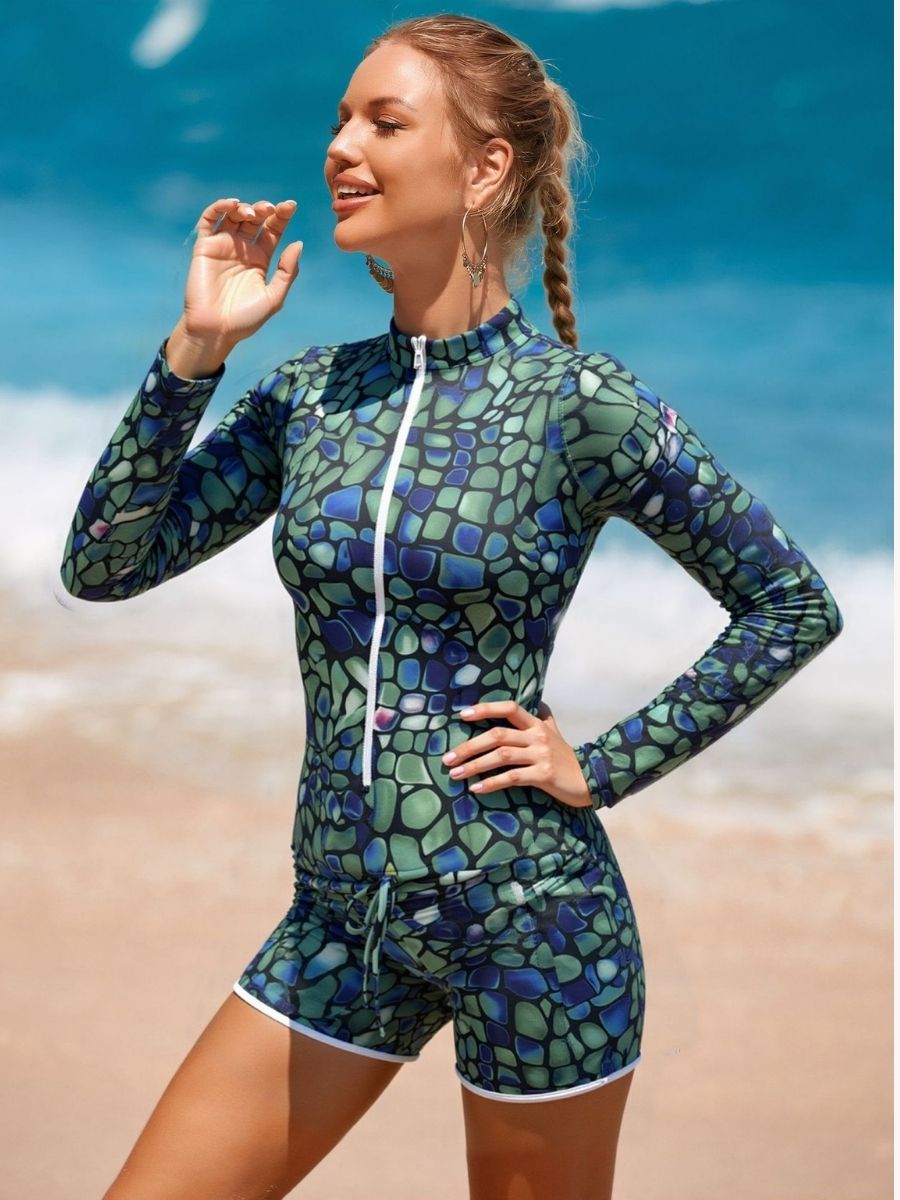Green Quartz Two Pieces Front Zip Women Long Sleeve UPF50+ Rash Guard Swimsuit