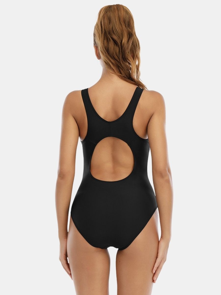Wide Strap Colorblock Open Back Athletic Women One-piece Sports Swimsuit