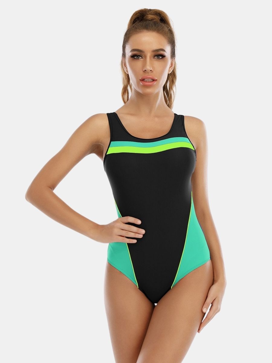 Wide Strap Colorblock Open Back Athletic Women One-piece Sports Swimsuit