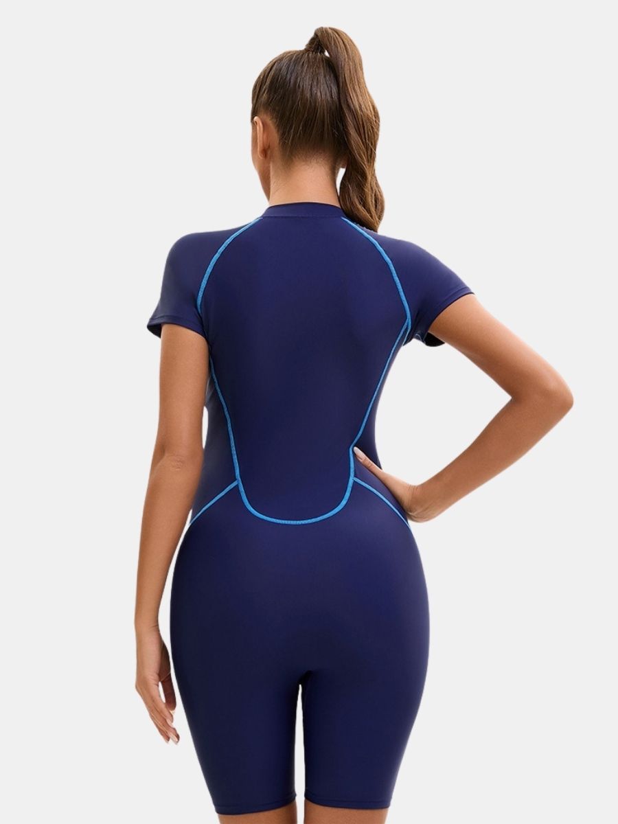Front Zip Short Sleeve Boyleg Sufing Athletic Jumpsuit One-piece Women Sports Swimsuit