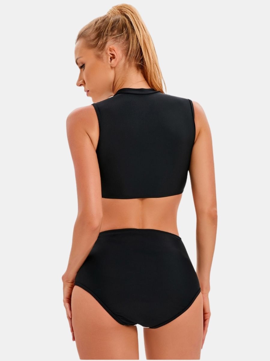 Front Zip Athletic Colorblock Two-pieces Women Sports Swimsuit