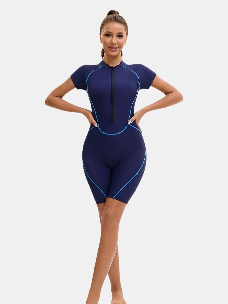 Front Zip Short Sleeve Boyleg Sufing Athletic Jumpsuit One-piece Women Sports Swimsuit