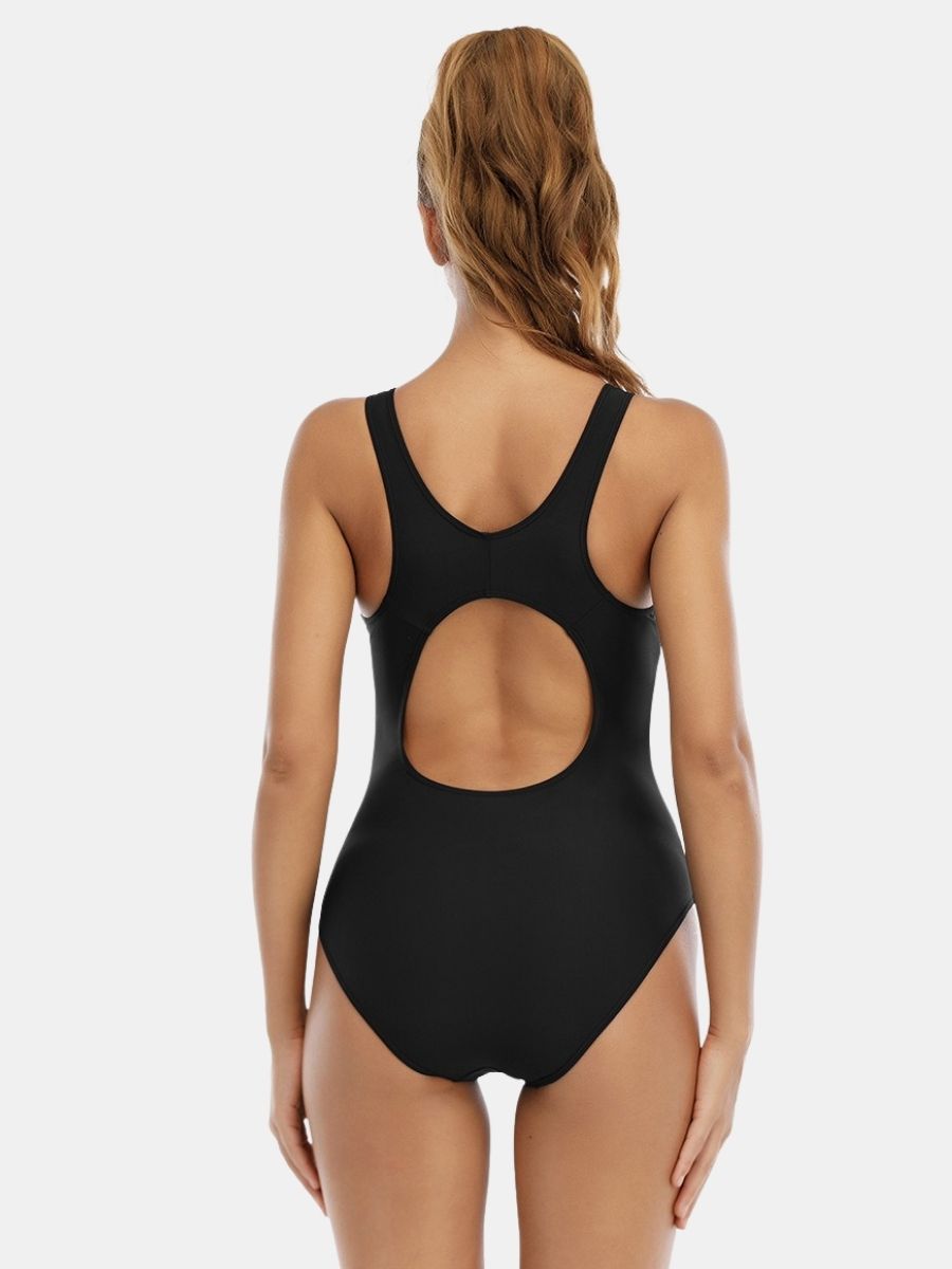 Wide Strap Colorblock Open Back Athletic Women One-piece Sports Swimsuit