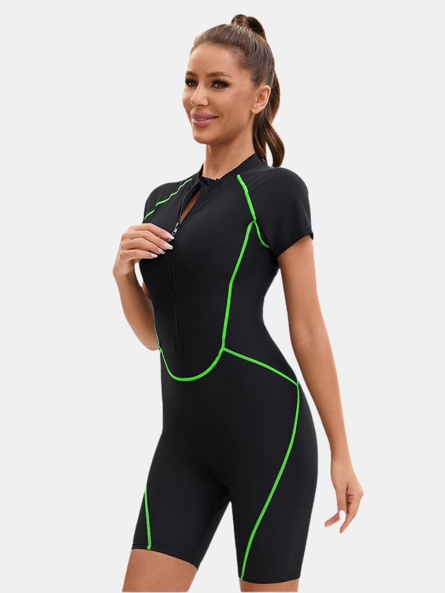 Front Zip Short Sleeve Boyleg Sufing Athletic Jumpsuit One-piece Women Sports Swimsuit