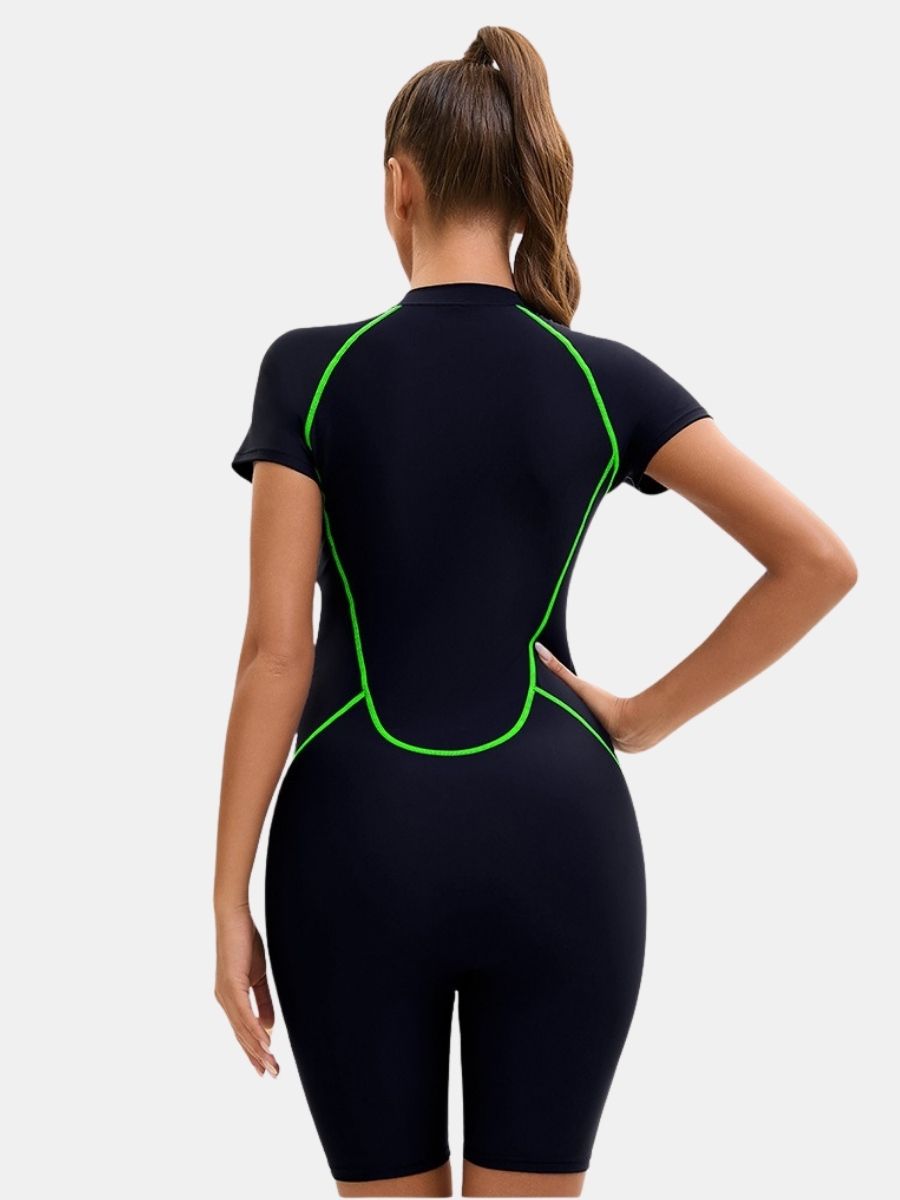 Front Zip Short Sleeve Boyleg Sufing Athletic Jumpsuit One-piece Women Sports Swimsuit