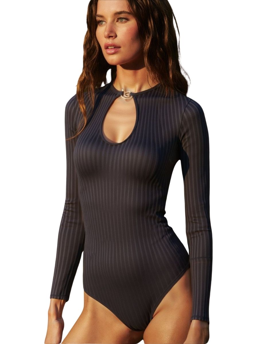 Cut Out Back Tie String Black Women Long Sleeve UPF50+ Rash Guard Swimsuit