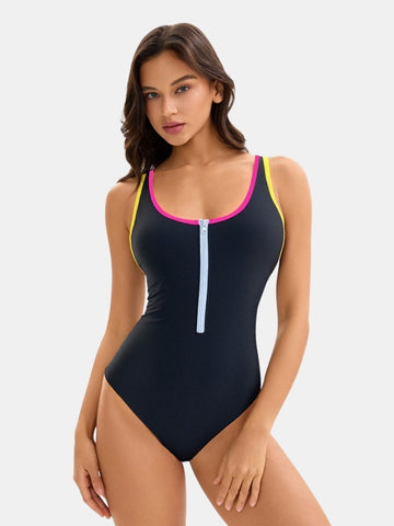 Front Zip Backless Colorblock Athletic Women One-piece Sports Swimsuit