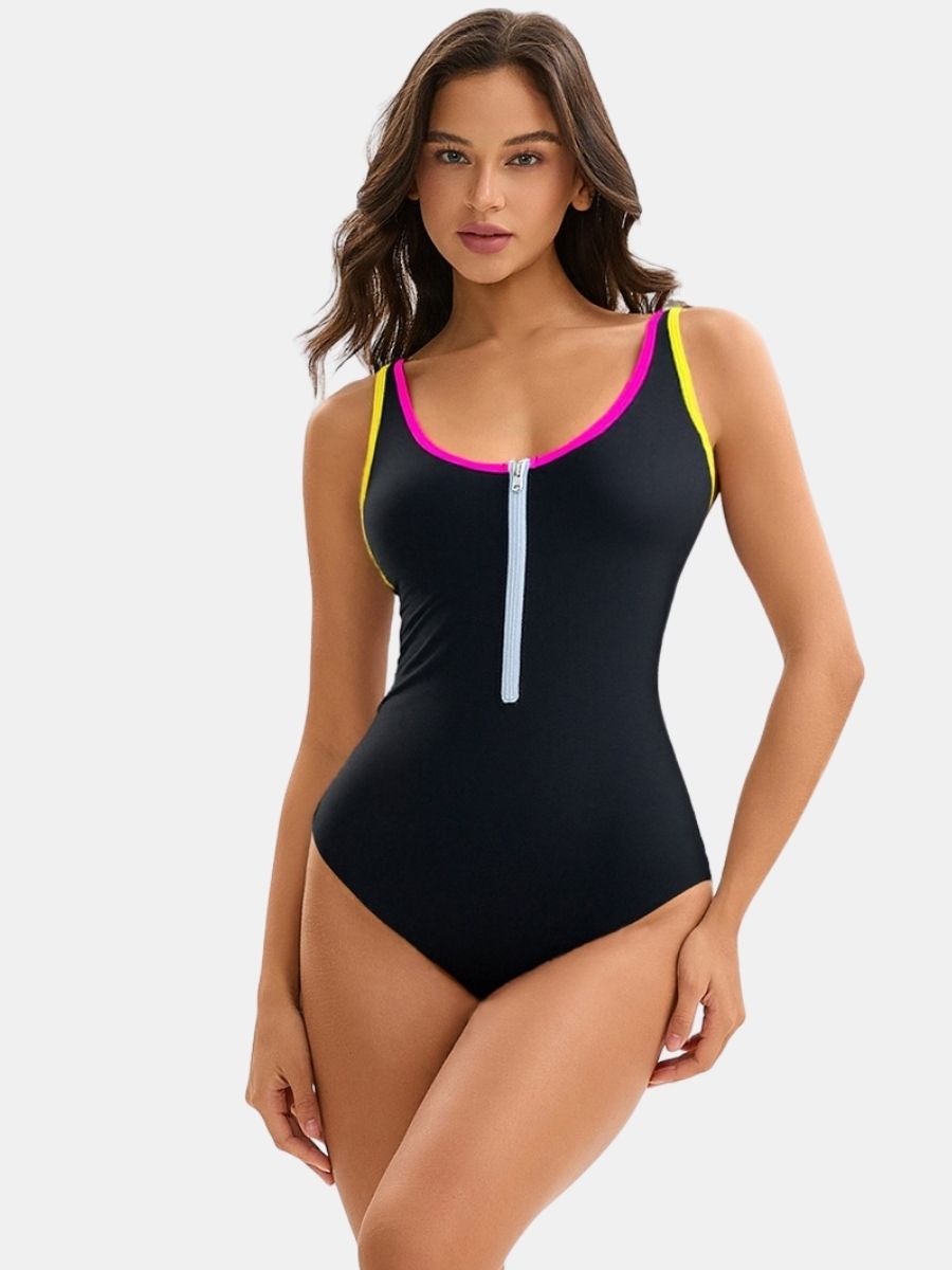 Front Zip Backless Colorblock Athletic Women One-piece Sports Swimsuit