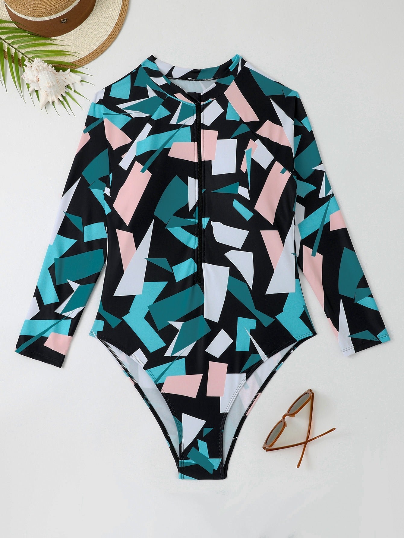 Plus Irregular Geometric Blue Print Long Sleeve Swimsuit UPF50+ Rash Guard