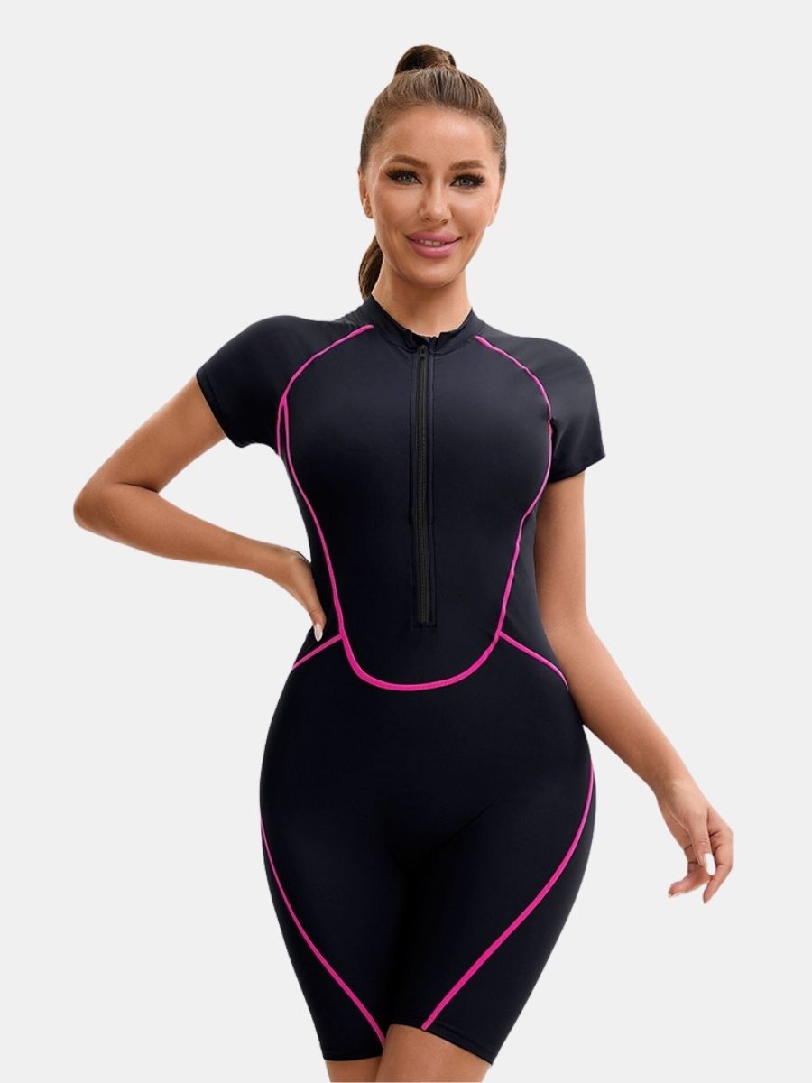 Front Zip Short Sleeve Boyleg Sufing Athletic Jumpsuit One-piece Women Sports Swimsuit