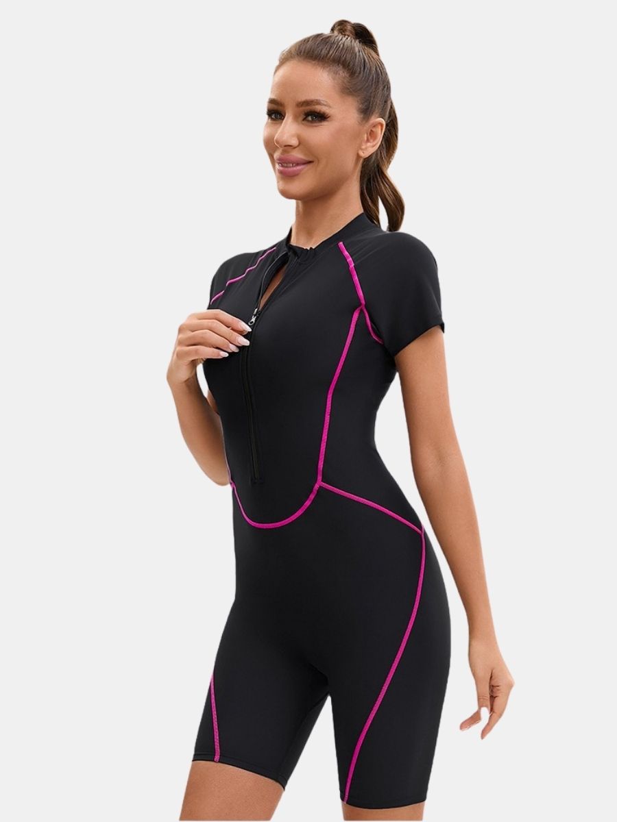 Front Zip Short Sleeve Boyleg Sufing Athletic Jumpsuit One-piece Women Sports Swimsuit