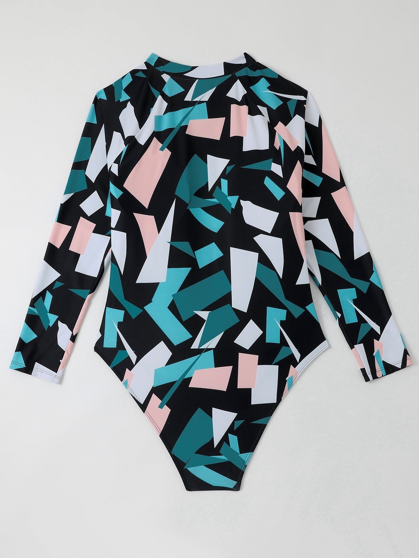 Plus Irregular Geometric Blue Print Long Sleeve Swimsuit UPF50+ Rash Guard