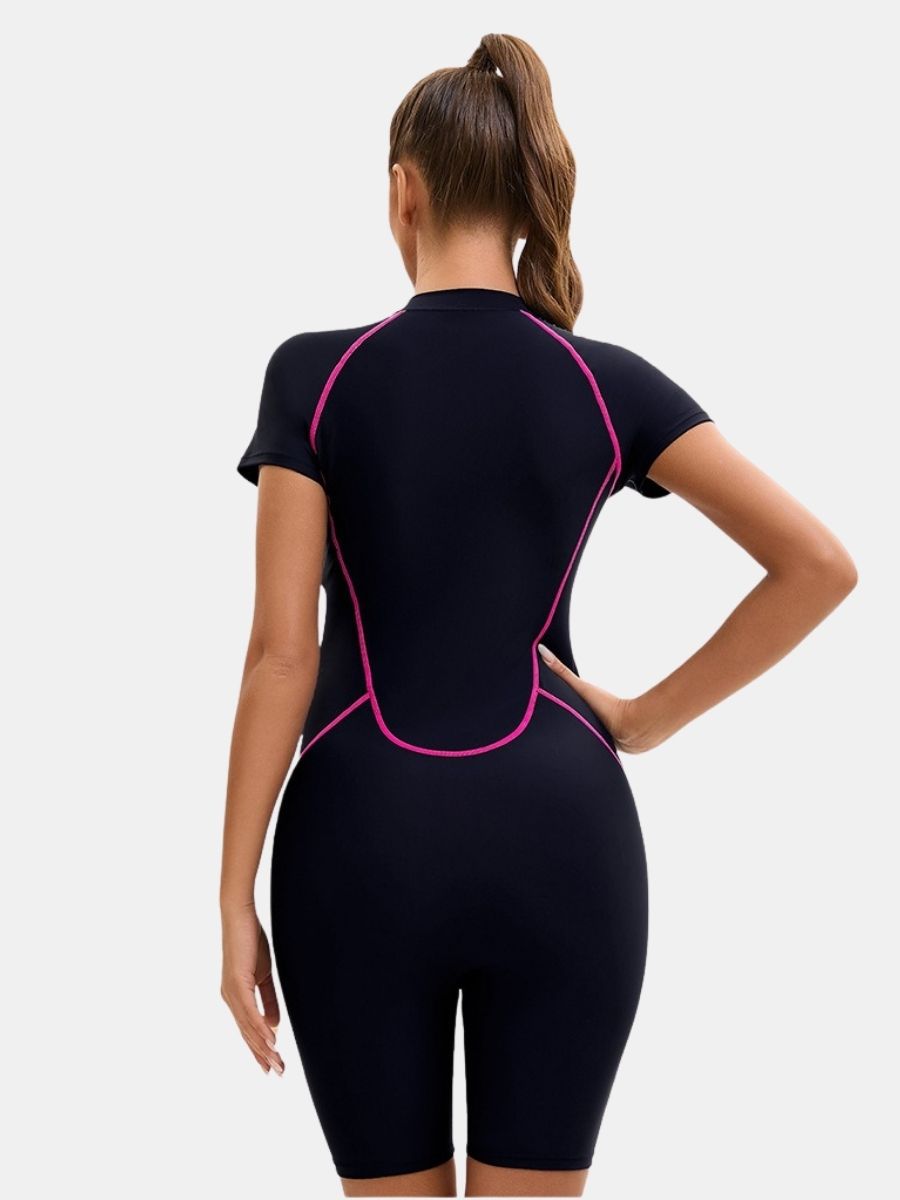 Front Zip Short Sleeve Boyleg Sufing Athletic Jumpsuit One-piece Women Sports Swimsuit