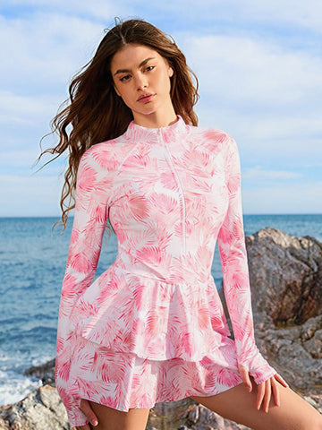 One-Piece Long Sleeve UPF50+ Ruffle Skirt Swim Suit
