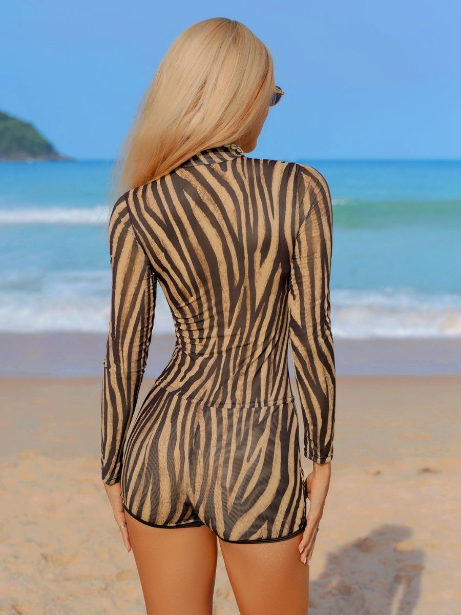 Leopard Print Two Pieces Front Zip Women Long Sleeve UPF50+ Rash Guard Swimsuit