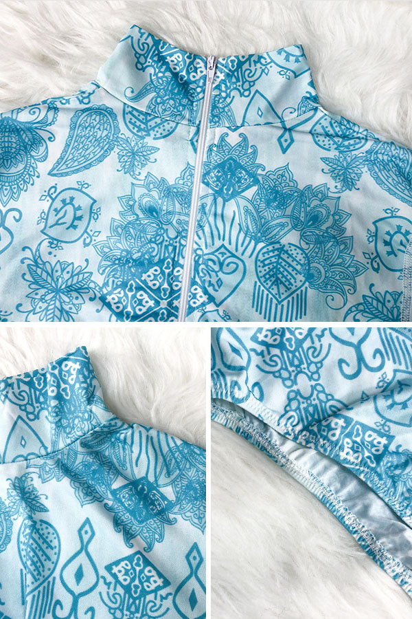 Plus Size Blue Tribal Print Long Sleeve UPF50+ Rash Guard