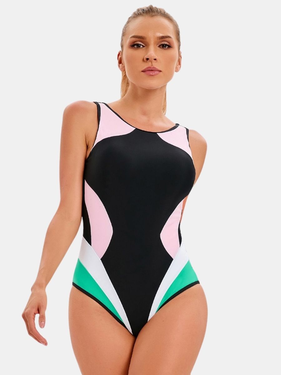 Colorblock Backless Women Athletic One-piece Sports Swimsuit