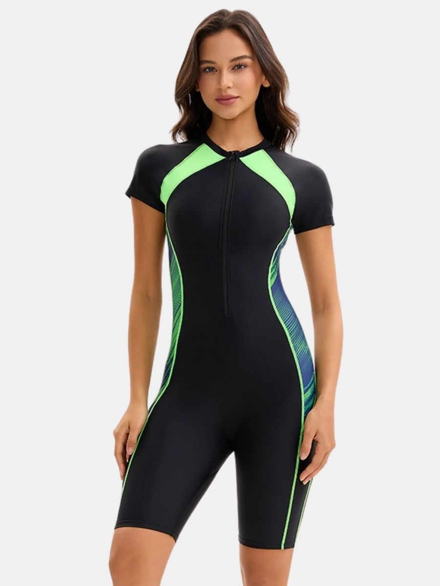 Front Zip Boyleg Short Sleeve Sufing Athletic Jumpsuit One-piece Women Sports Swimsuit