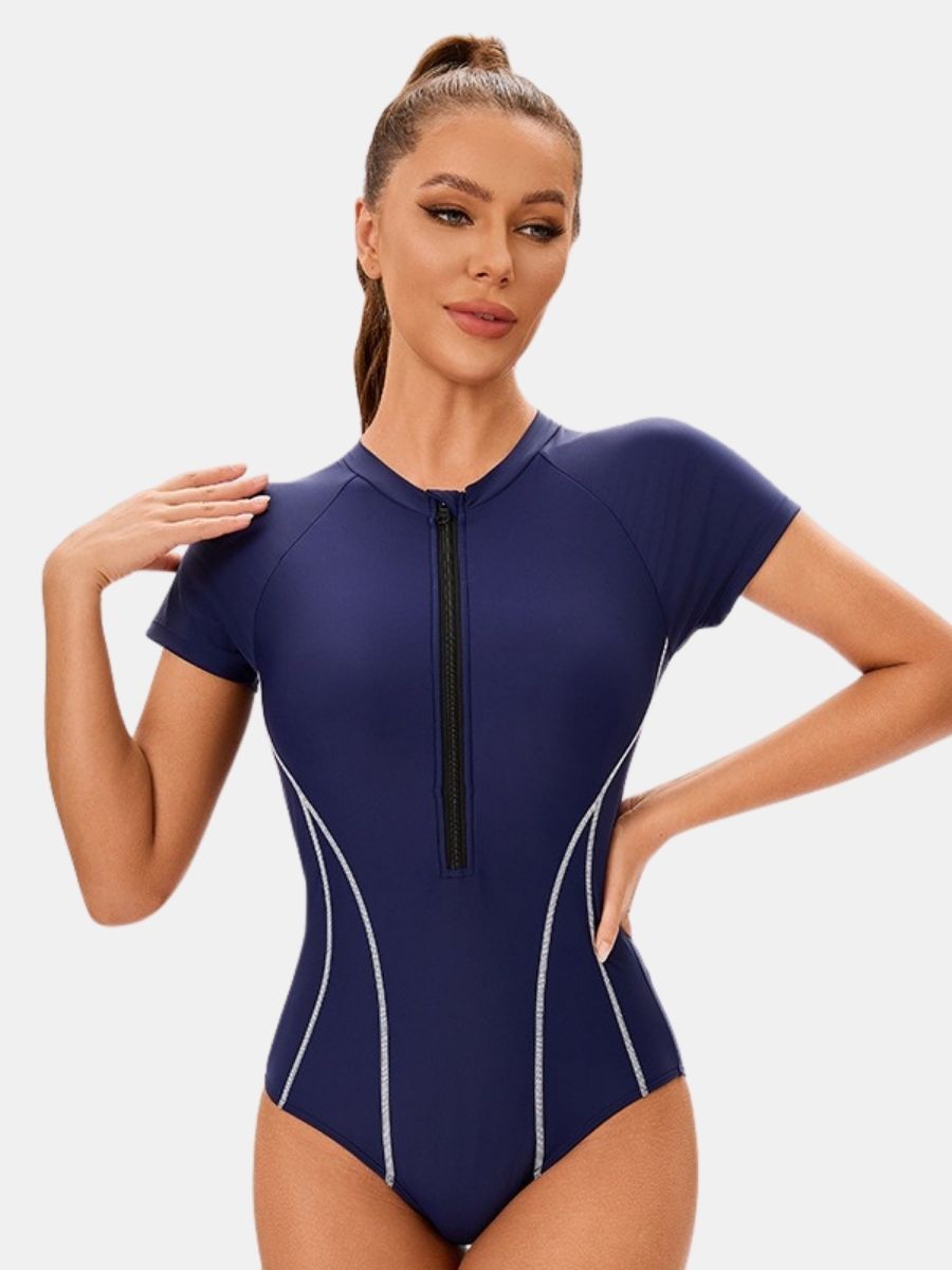 Short Sleeve High Neck Athletic One-piece Women Sports Swimsuit