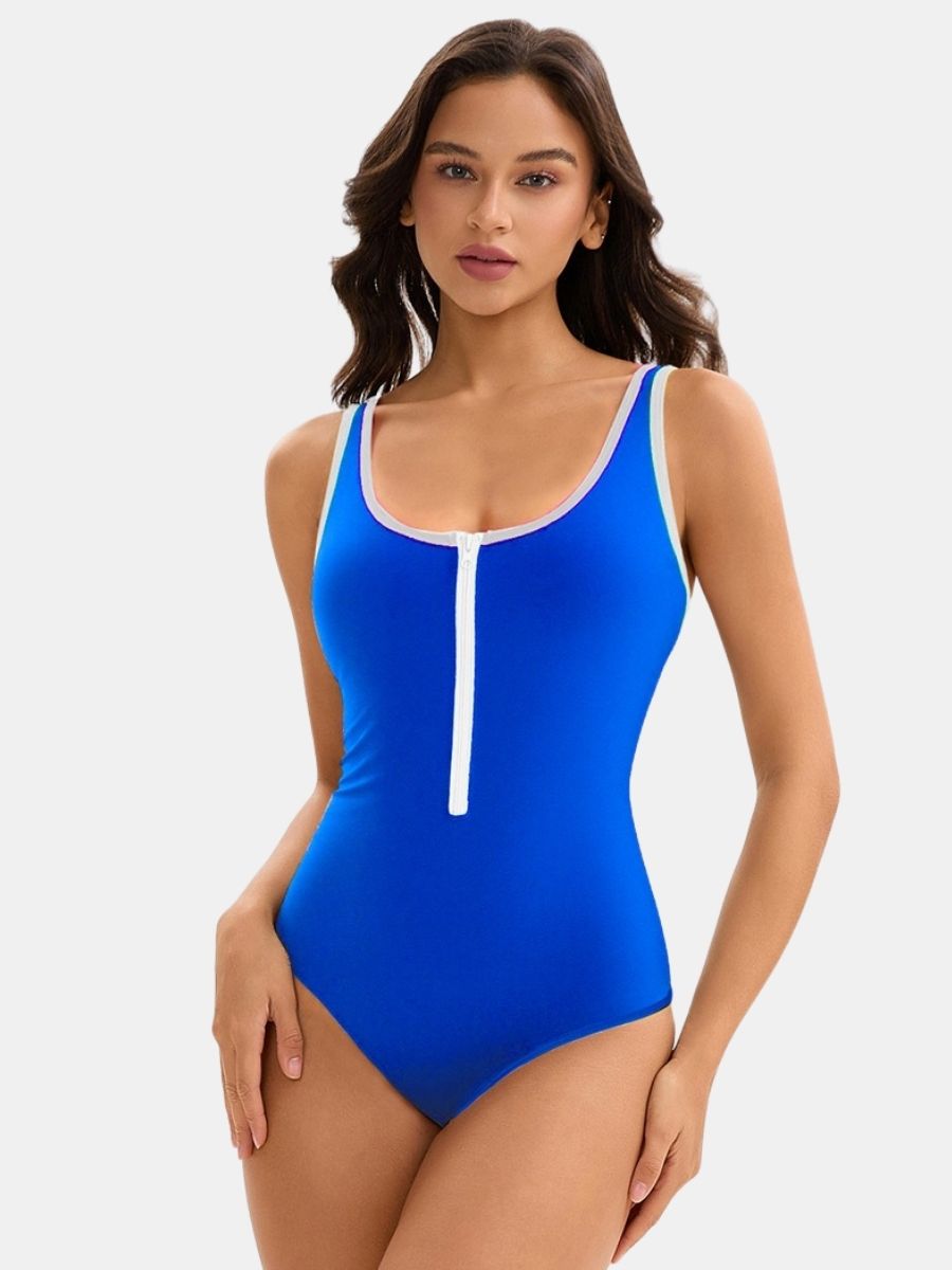 Front Zip Backless Colorblock Athletic Women One-piece Sports Swimsuit