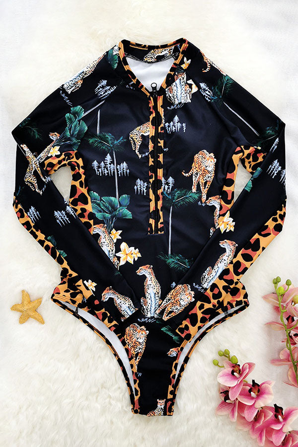 Leopard Print Long Sleeve Half Zip UPF50+ Rash Guard
