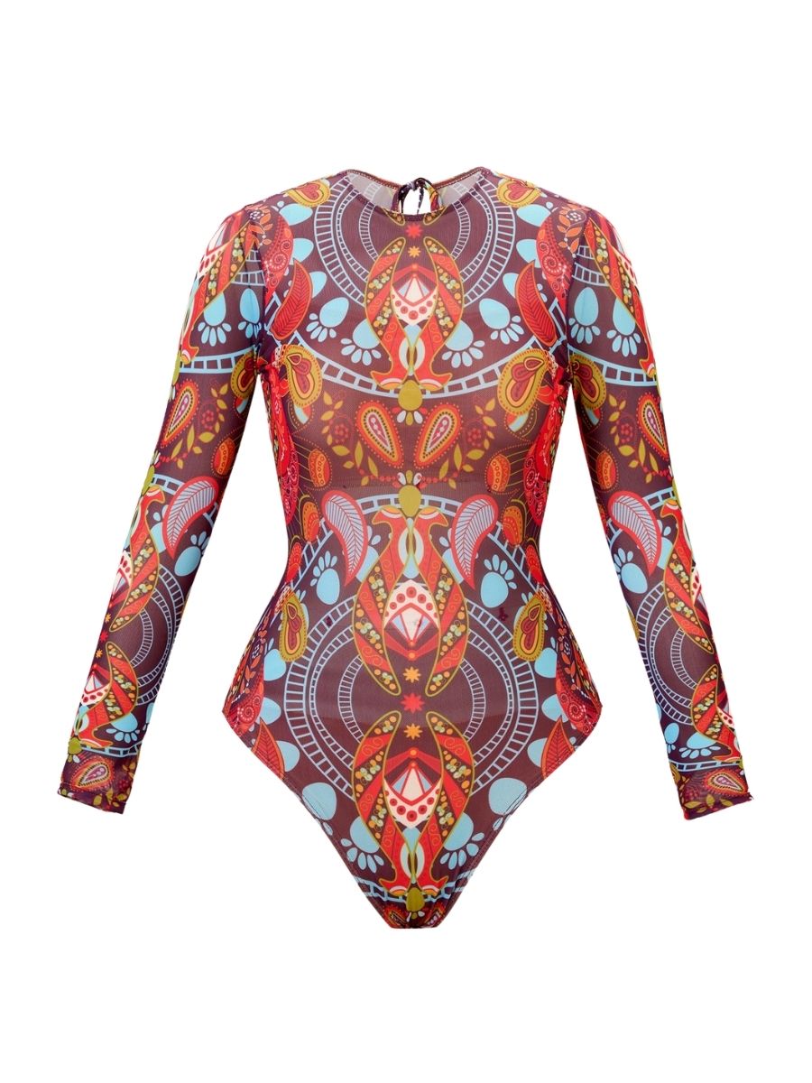 Boho Brown Tummy Control Women Long Sleeve UPF50+ Rash Guard Swimsuit