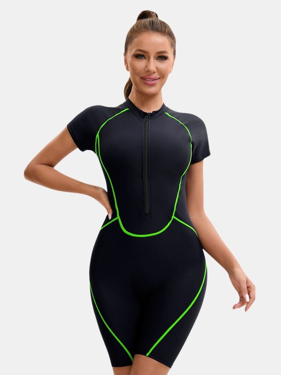 Front Zip Short Sleeve Boyleg Sufing Athletic Jumpsuit One-piece Women Sports Swimsuit