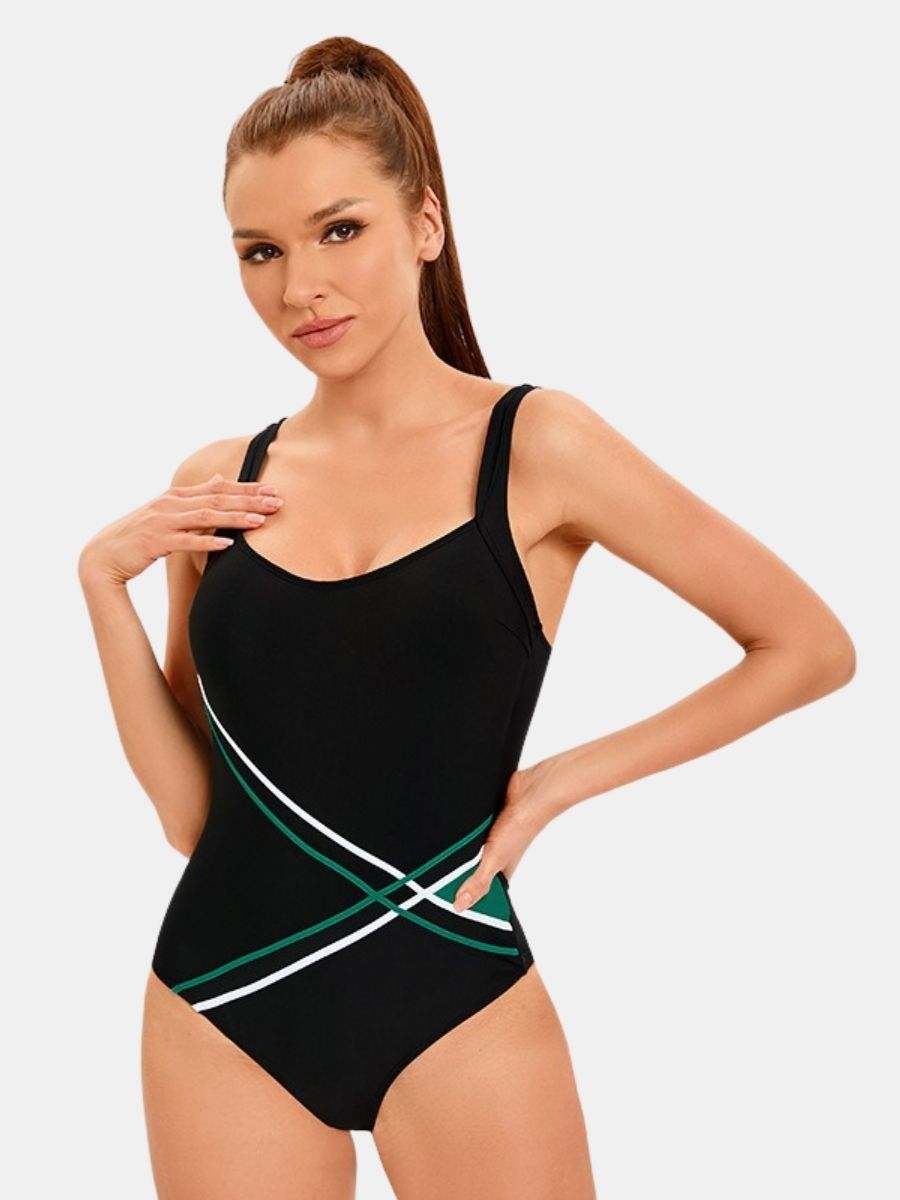 Adjustable Shoulder Strap Black Athletic One-piece Women Sports Swimsuit