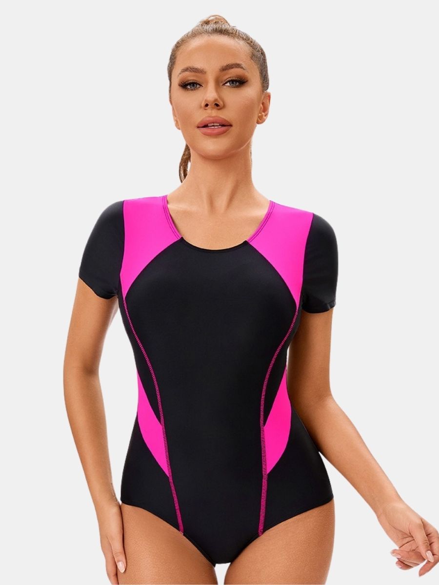 Colorblock Short Sleeve Athletic One-piece Women Sports Swimsuit