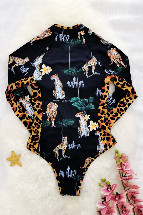Leopard Print Long Sleeve Half Zip UPF50+ Rash Guard
