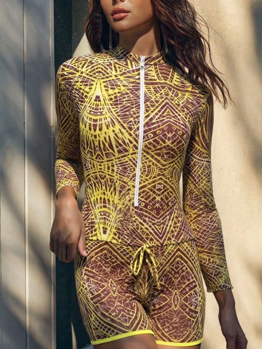 Boho Yellow Front Zip Women Long Sleeve UPF50+ Rash Guard Swimsuit