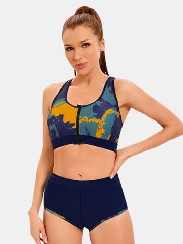 Front Zip Crisscross Open Back Athletic Two-pieces Women Sports Swimsuit