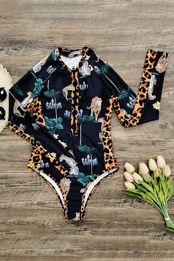 Leopard Print Long Sleeve Half Zip UPF50+ Rash Guard