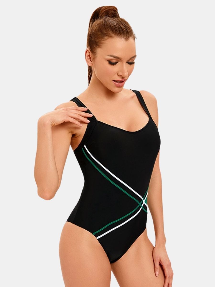 Adjustable Shoulder Strap Black Athletic One-piece Women Sports Swimsuit