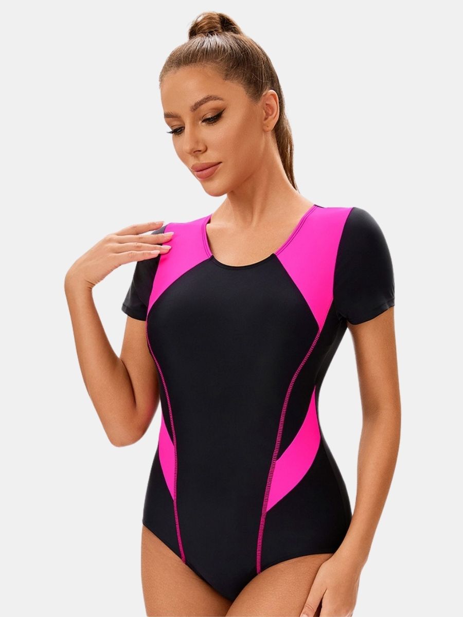 Colorblock Short Sleeve Athletic One-piece Women Sports Swimsuit