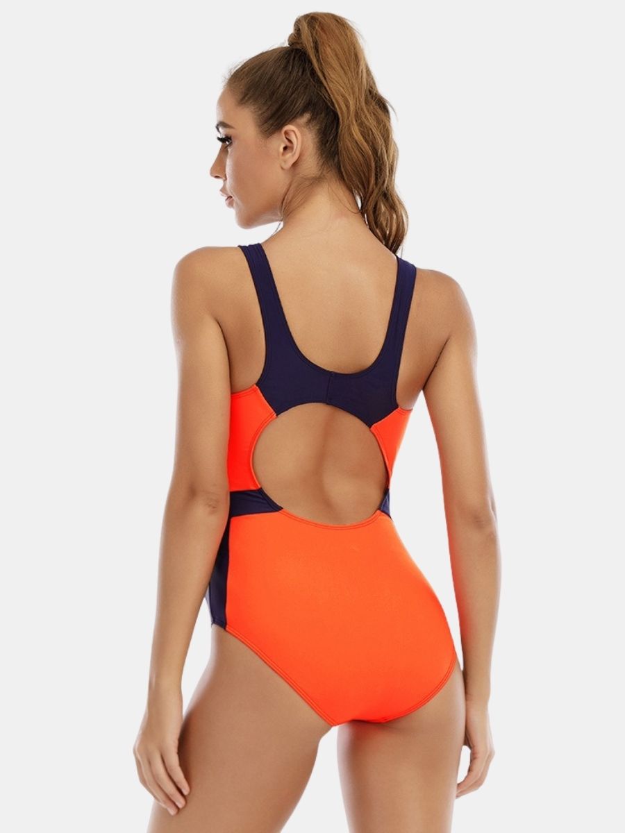 Colorblock Open Back Athletic One-piece Women Sports Swimsuit