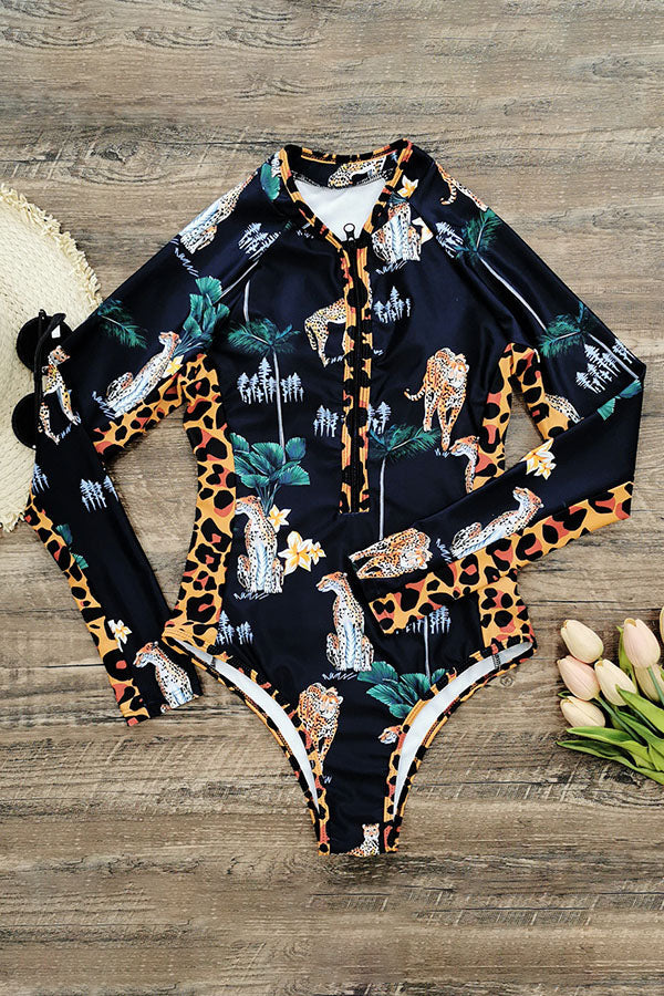 Leopard Print Long Sleeve Half Zip UPF50+ Rash Guard